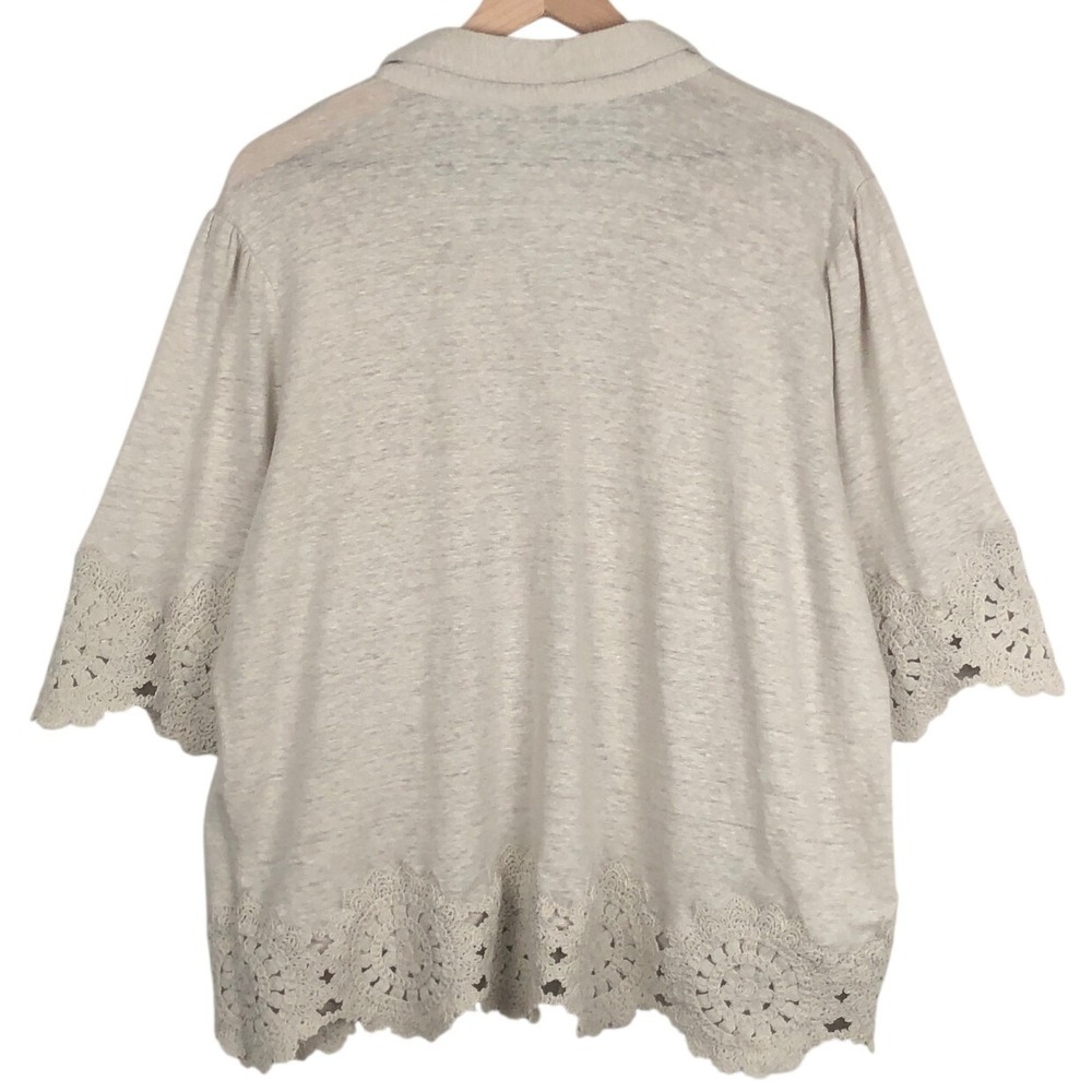 CHICO's Linen Slub Knit Crochet Lace Trim Button Up Top Women's Size 3 16 S/S - Picture 2 of 8